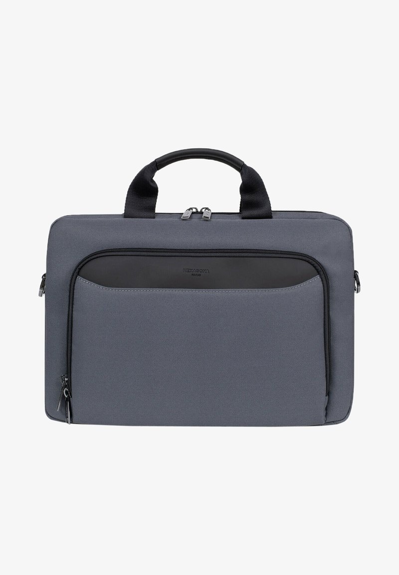 Grijze laptoptas met een gestructureerde buitenkant, dubbele ritsen, gewatteerde handvatten en een voorvak met een gladde zwarte accent.