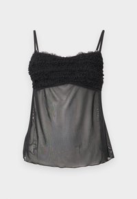 Top negro de tirantes finos con corpiño fruncido y tejido de malla transparente debajo del pecho, ajuste suelto y dobladillo recto.