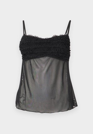 Μαύρο μπλουζάκι με λεπτές τιράντες, με ραβδωτό μπούστο και διαφανές τούλι κάτω από το στήθος, άνετη εφαρμογή και ίσια ραφή.