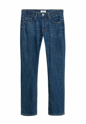 Donkerblauwe denim jeans met een recht pijpdesign. Voorzien van vijf zakken, een metalen knoopsluiting en duidelijke stiksels langs de naden.