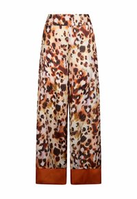 Wijd geknipte broek in een panterprintpatroon, met tinten bruin, crème en oranje. Satijnen textuur met effen oranje manchetten.
