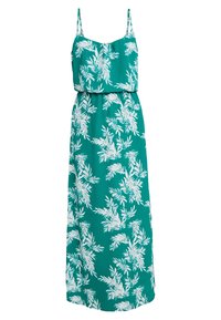 Lång, ärmlös klänning gjord av mjukt tyg, med en tealbakgrund och vita bladmönster samt ett elastiskt midjeband för justerbar passform.