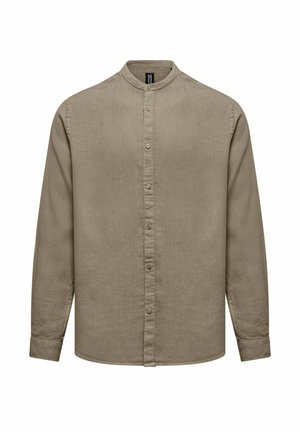 Beżowa, lniana koszula z długim rękawem, z kołnierzem typu band, z przodu zapinana na guziki, o gładkiej fakturze. Posiada długie, proste rękawy.