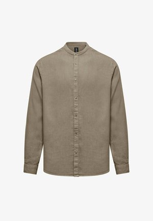 Camicia in lino beige a maniche lunghe con colletto alla band, chiusura frontale con bottoni e superficie liscia. Presenta maniche lunghe e diritte.
