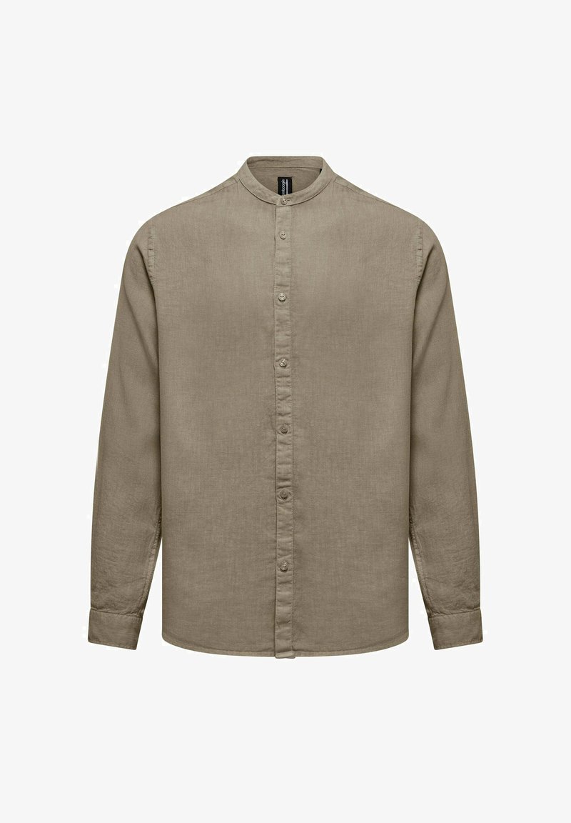 Camicia in lino beige a maniche lunghe con colletto alla band, chiusura frontale con bottoni e superficie liscia. Presenta maniche lunghe e diritte.