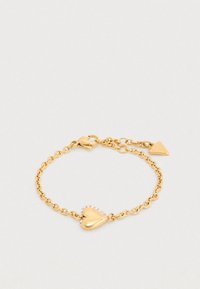 Βραχιόλι με χρυσή αλυσίδα που διαθέτει γοργόνα καρδιά διακοσμημένη με διάφανα ρινίσματα και μια μικρή τριγωνική ταυτότητα. Λεία υφή, κομψός σχεδιασμός.