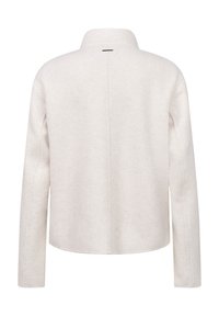 Weiße Wollmischung Jacke, taillierte Form, hoher Kragen, lange Ärmel, Rückennahtdetail, glatte Textur, gerader Saum, minimalistischer Stil.