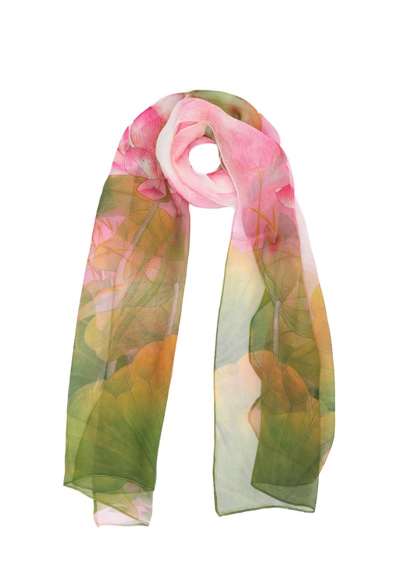 Foulard trasparente con un design floreale in tonalità di rosa e verde, caratterizzato da una texture leggera e un tessuto morbido e fluente.