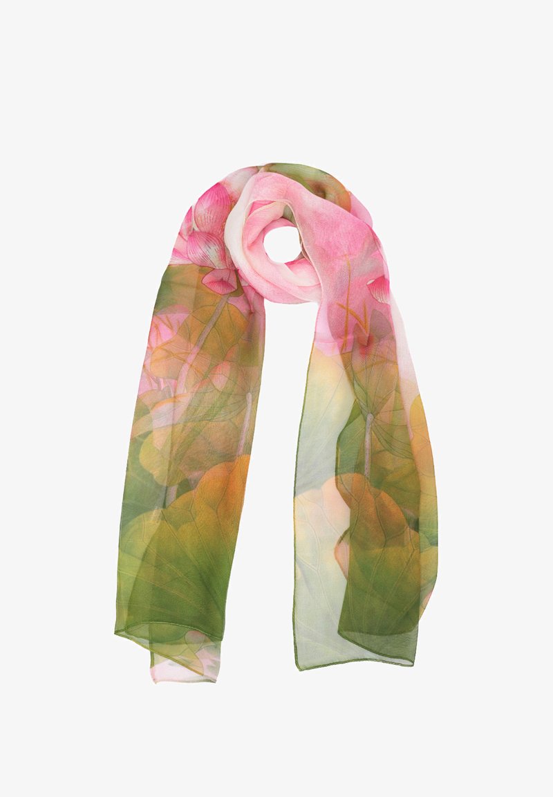 Foulard trasparente con un design floreale in tonalità di rosa e verde, caratterizzato da una texture leggera e un tessuto morbido e fluente.