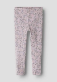 Leggings roses à texture côtelée, ornés d'un motif floral en bleu clair et vert, avec une taille élastique ajustée.