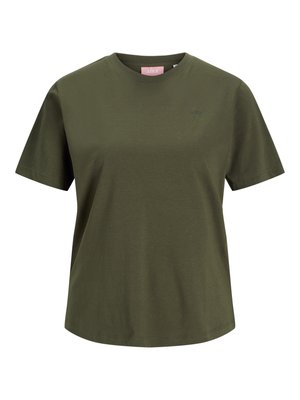 T-shirt in cotone verde oliva con colletto rotondo, maniche corte e un logo discreto sul davanti. Tessuto morbido e vestibilità rilassata.