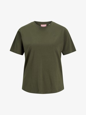 T-shirt in cotone verde oliva con colletto rotondo, maniche corte e un logo discreto sul davanti. Tessuto morbido e vestibilità rilassata.