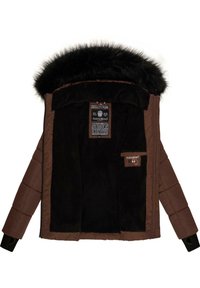 Brown puffy jacket with a black faux fur-lined hood, quilted design, and interior pockets. Tags visible on the inside.