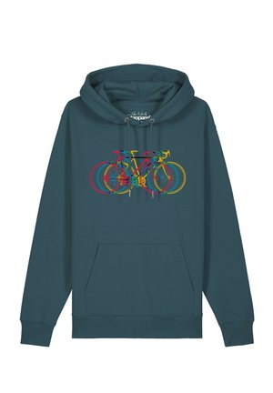 Türkisfarbener Kapuzenpullover mit einer Grafik von drei sich überschneidenden Fahrrädern in Rot, Gelb und Blau auf der Vorderseite und einer vorderen Kängurutasche.