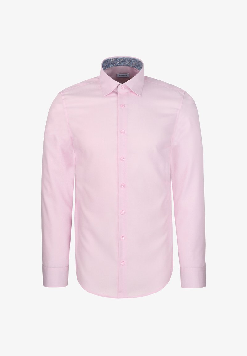 Chemise habillée homme rose clair à manches longues avec boutons sur le devant et doublure intérieure du col à motifs.