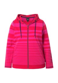 Felpa leggera con zip, caratterizzata da strisce orizzontali rosa e rosa chiaro, cappuccio regolabile con coulisse e polsini a coste con dettagli testuali.