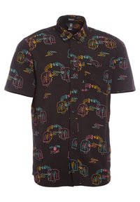 Chemise à manches courtes noire avec boutons, ornée de visages abstraits multicolores et de motifs d'éclairs, dotée d'une poche plaquée sur la poitrine.