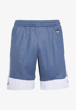 Pantaloncini sportivi blu con cintura elastica, dettagli bianchi sull'orlo e logo ricamato sulla coscia sinistra. Tessuto dal tocco liscio.