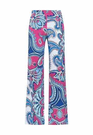 Pantaloni a vita alta e gamba larga con motivo paisley astratto nei colori rosa, blu e bianco.