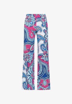 High-waist wide-leg pants with an abstract paisley pattern in pink, blue, and white colors.