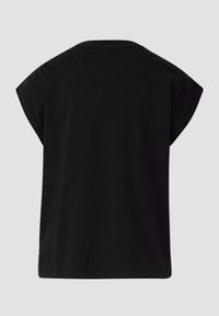 Zwart kortom tshirt met een relaxte pasvorm en ronde halslijn, gemaakt van zachte, gladde stof met een naadloos ontwerp aan de achterkant.