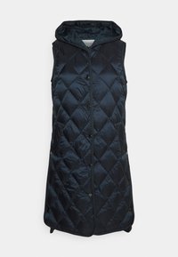 Chaleco acolchado navy con capucha, con patrones en diamante, botones a presión y textura suave. Diseño sin mangas con una longitud por debajo de la cadera.