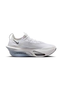 Nike ZoomX running shoe in white, featuring a breathable textured upper, sleek design, cushioned sole with visible air unit, and black logo accent.