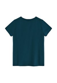 T-shirt turquoise à manches courtes avec un col rond, fabriqué dans un tissu texturé, présentant une coupe décontractée et un ourlet droit.