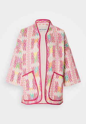 Multicolored kimono-style jacket with a floral pattern, made of lightweight fabric, featuring a pink trim and two front pockets.