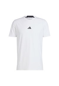 White cotton t-shirt with short sleeves, round neck, and black Adidas trefoil logo on the chest. Soft texture, casual fit.