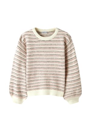 Pull en maille couleur crème avec fines rayures horizontales rose, marron et grises, manches longues et poignets et bas côtelés.