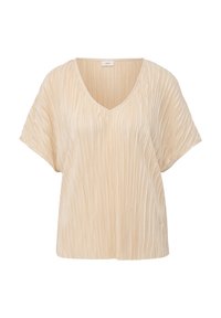 Haut plissé à col en V en beige clair, doté de manches courtes amples et d'une silhouette fluide avec une surface texturée.