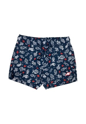 Costume da bagno corto blu scuro con motivi di pesci bianchi e rossi e barche, dotato di una cintura elastica in vita e un laccio frontale.
