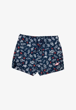 Costume da bagno corto blu scuro con motivi di pesci bianchi e rossi e barche, dotato di una cintura elastica in vita e un laccio frontale.