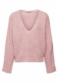 Różowy sweter dzianinowy z głębokim dekoltem w kształcie V i szerokimi rękawami. Tekstura jest prążkowana, sweter ma luźny krój i skróconą długość.