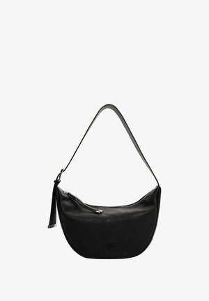 Borsa a tracolla in pelle nera con forma curvata, dotata di chiusura con zip, tracolla regolabile e un discreto logo impresso sul frontale.