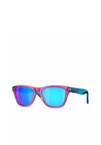 Pink frameless sunglasses with blue mirrored lenses and transparent arms featuring a logo. Angular design with a lightweight texture.