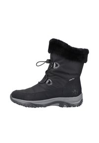 Black winter boot with a textured finish, fur-lined cuff, and gray sole. Features lace toggle and contrasting shiny accents.