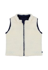 Prostorna brezrokavnik iz kremasto bele flisa z visokim ovratnikom, sprednjo zadrgo in mornarsko modrimi stranskimi paneli. Ponaša se z mehko teksturo in prešitim dizajnom.