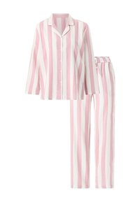 Ensemble de pyjama rayé rose et blanc. Chemise à manches longues avec boutons et col, pantalon assorti à coupe ample avec taille élastique. Texture douce.