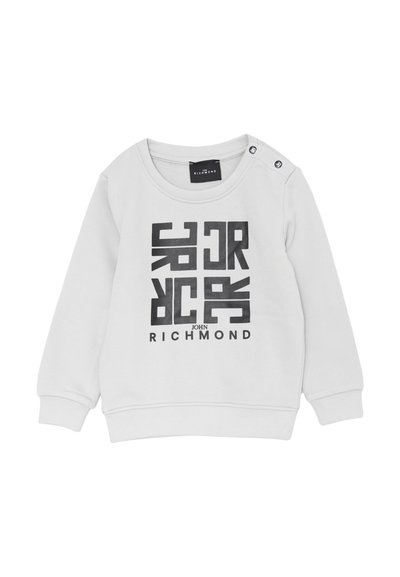 Felpa grigia chiara a maniche lunghe per bambini con grafica astratta quadrata nera e testo "John Richmond" sul davanti, e bottoni a pressione sulla spalla.