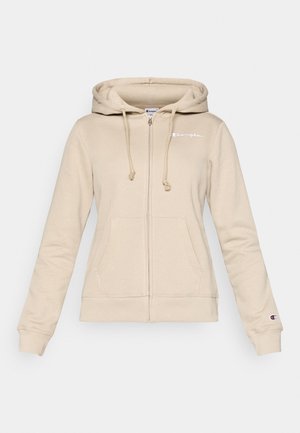 Beige Kapuzenpullover mit Reißverschluss aus weichem Stoff, mit verstellbarer Kapuze und Fronttaschen; Logo-Stickerei auf der Brust und am Ärmel.