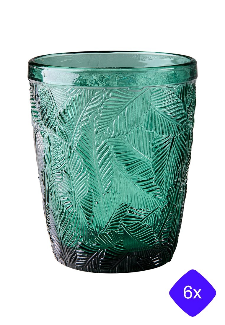 Tazza in vetro verde texturizzato con motivo di foglia, forma cilindrica e bordo liscio. Venduta in set da sei.