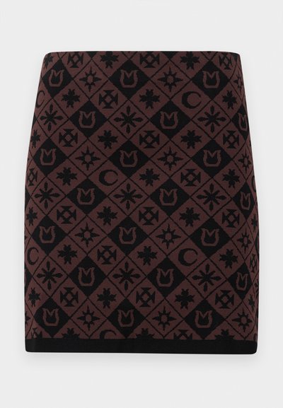 Knit skirt featuring a geometric black and brown pattern with various symbols, a fitted shape, and a black waistband at the hem.