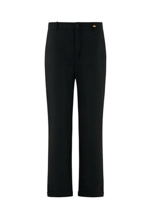Pantaloni neri su misura con design a gamba dritta, dotati di chiusura con bottone e risvolti arrotolati. Realizzati in tessuto liscio e resistente.