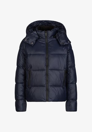 Donkerblauwe gewatteerde jas met afneembare capuchon, voorzien van een ritssluiting, twee ritssluitingszakken en een doorgestikt ontwerp voor isolatie.