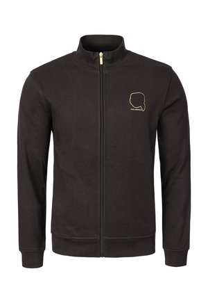 Schwarze Jacke zum Hochziehen mit hohem Kragen, langen Ärmeln und kleinem gelben Logo in Form einer Gesichtsumriss mit Sonnenbrille auf der linken Brust.