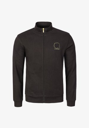 Black zip-up jacket with high collar, long sleeves, and small yellow logo outline of a face with sunglasses on the left chest.