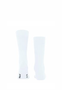 Weiße Socken bis zur Mitte der Wade mit geripptem Muster, bedruckter Marken- und Größenangabe auf der Sohle. Einfaches Design, aus weichem Stoff gefertigt.