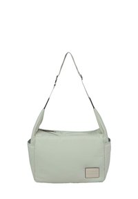 Borsa a spalla leggera grigia, imbottita, con tracolla regolabile; presenta una chiusura con zip e tasche laterali; etichetta in pelle con logo sulla parte frontale.